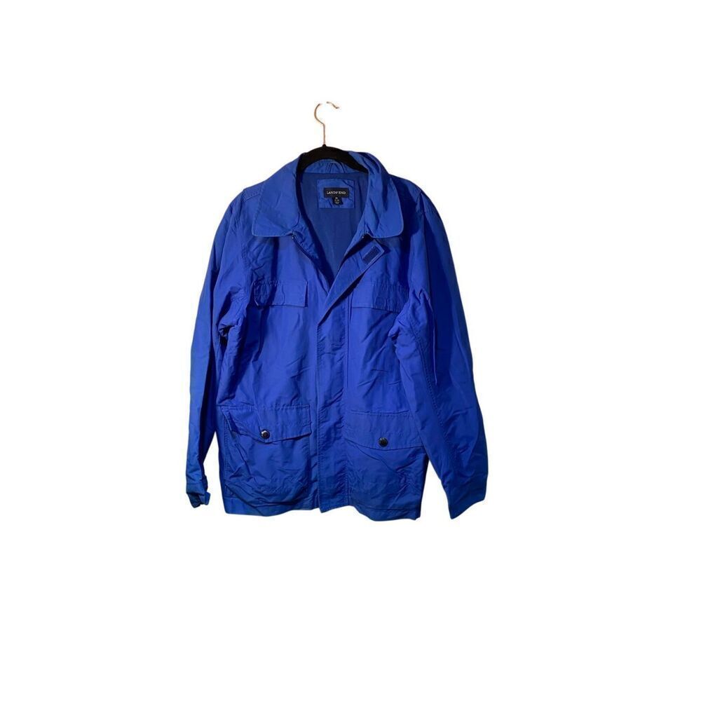 Lands’ End women’s blue windbreaker raincoat, six pockets size medium